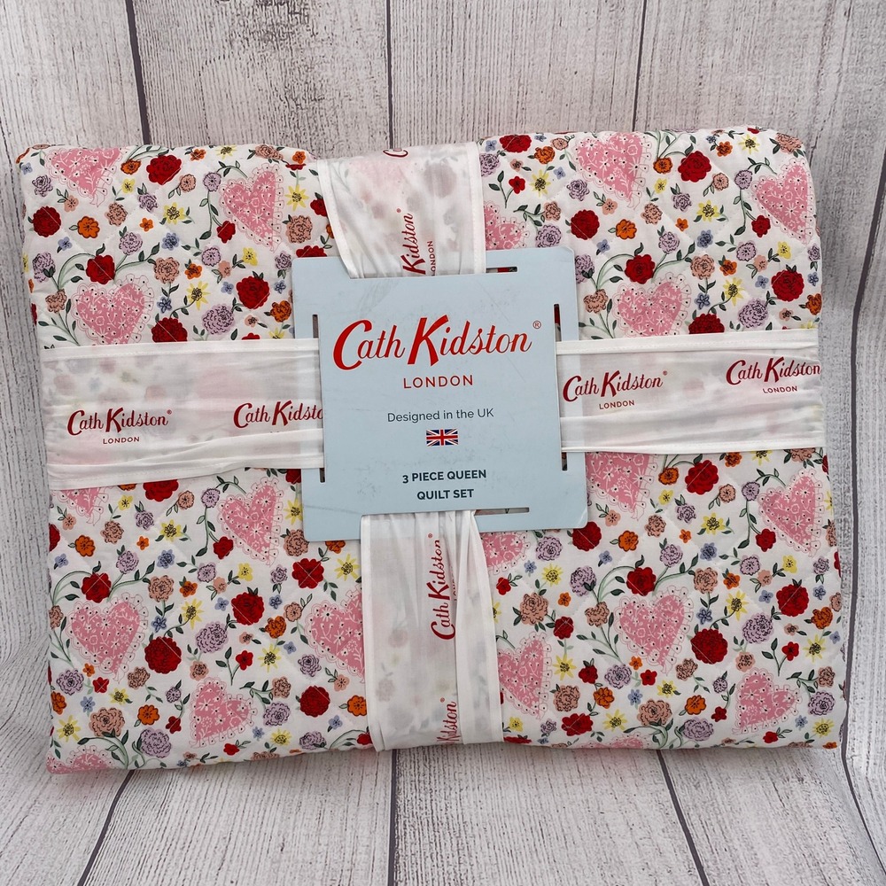 Cath Kidston Floral Heart Quilt Set Queen Pink Cotton Shabby Chic Cottagecore